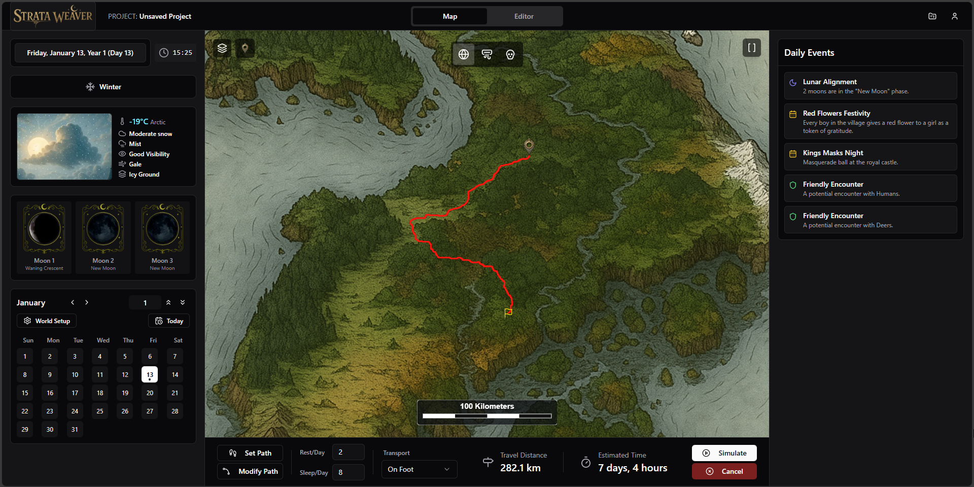 Strata Weaver Map Interface showing dynamic climate simulation and hex grid terrain analysis
